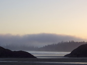 on a foggy sunset at the beach