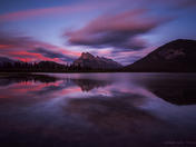 Mount Rundle and the second Vermillion Lakes after sunset.