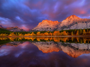 Fall foliage sunrise at Wedge Pond in Kananaskis