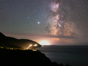 The Milky Way Core setting over car trails on the Cabot Trail, Cape Breton Island.