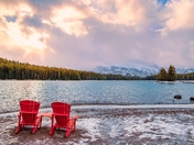 Adirondack Chairs Overlooking Two Jack Lake At Sunrise