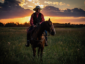 Living Skies and Cowboy on His Horse. 
