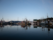A fishing wharf near sunset with boats tied to the dock, Cowichan Bay, Vancouver Island, Canada