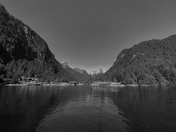 Black and white photo of the entrance to Malibu Rapids that leads to beautiful Princess Louisa Marine Park, British Columbia