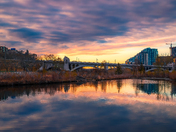 City Sunrise Pond Reflections
