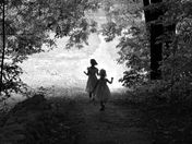 Children skipping out of the woods