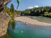 Sean Moran deep water on Echoes of Choir, V5, in Shuswap Falls- on Mabel Lake Rd.