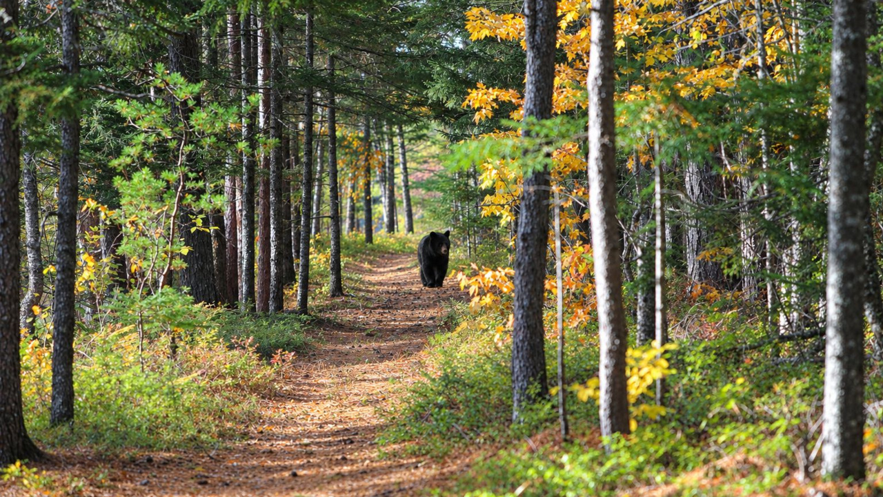 A bear on a trail in the woods